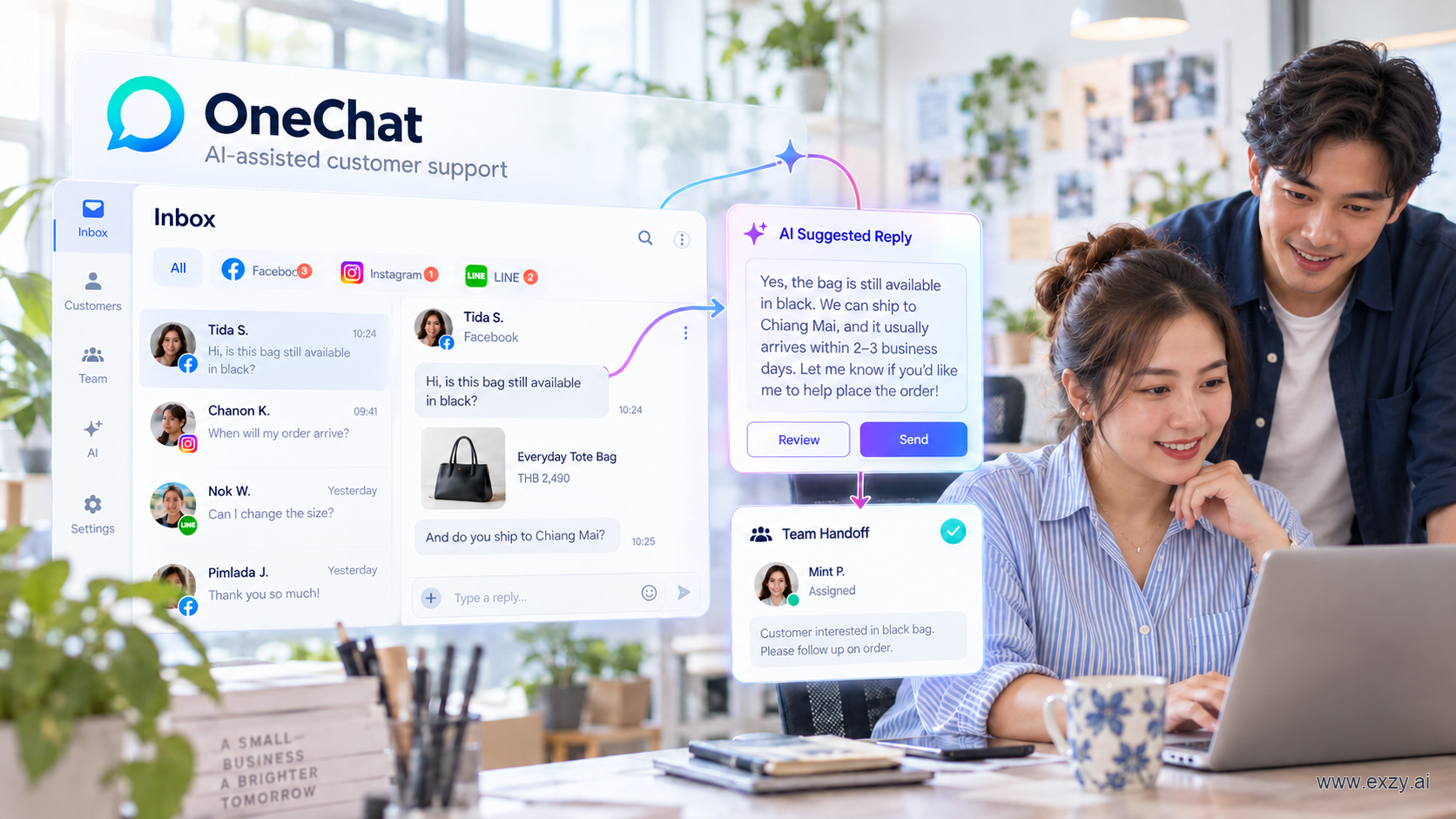 OneChat — ภาพแนวคิด AI ช่วยเตรียมคำตอบและส่งต่อแชตให้ทีม